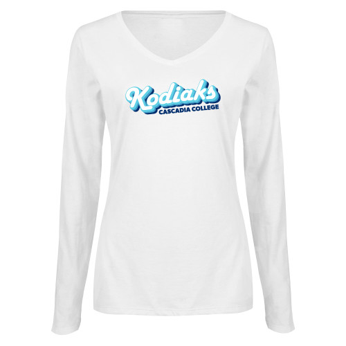  Womens White Long Sleeve V Neck Tee - Kodiaks Tricolor Cascadia College