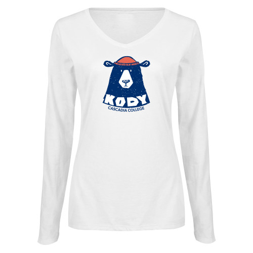  Womens White Long Sleeve V Neck Tee - Kody Beanie Cascadia College