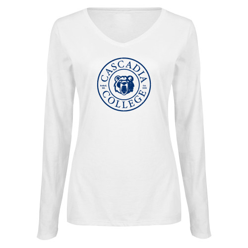  Womens White Long Sleeve V Neck Tee - Cascadia College Seal Distressed