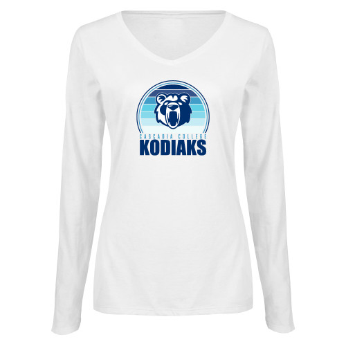  Womens White Long Sleeve V Neck Tee - Cascadia College Kodiaks Blue Shade Design