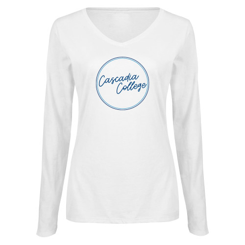  Womens White Long Sleeve V Neck Tee - Cascadia College Script Circle Design