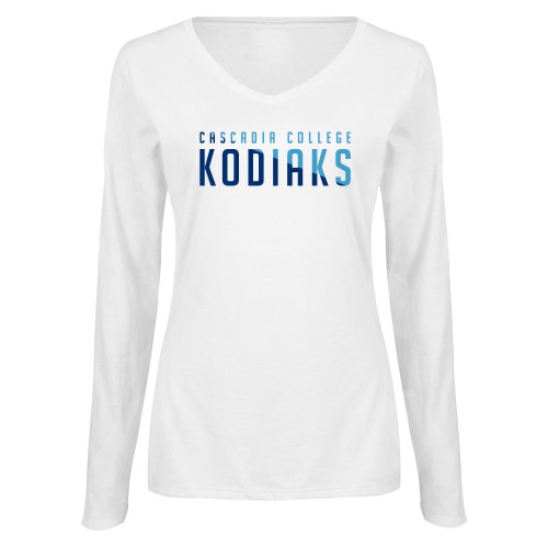 Womens White Long Sleeve V Neck Tee - Cascadia College Kodiaks Duo Color