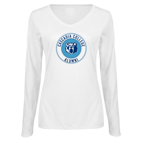  Womens White Long Sleeve V Neck Tee - Cascadia College Alumni