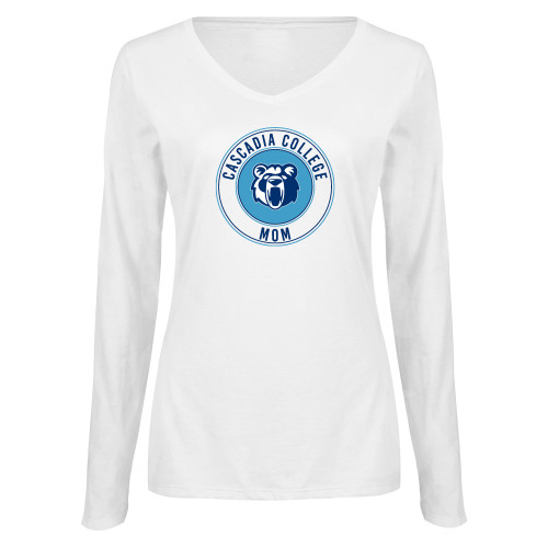  Womens White Long Sleeve V Neck Tee - Cascadia College Mom