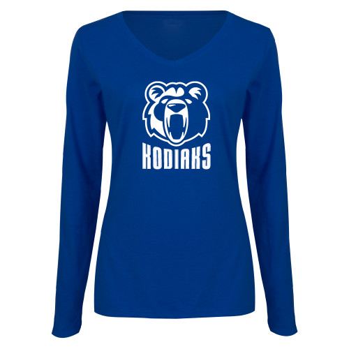  Womens Royal Long Sleeve V Neck Tee  - Kodiaks with Mascot