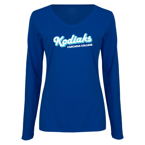  Womens Royal Long Sleeve V Neck Tee  - Kodiaks Tricolor Cascadia College