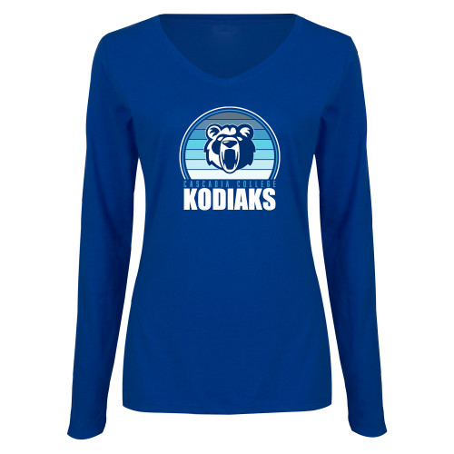  Womens Royal Long Sleeve V Neck Tee  - Cascadia College Kodiaks Blue Shade Design