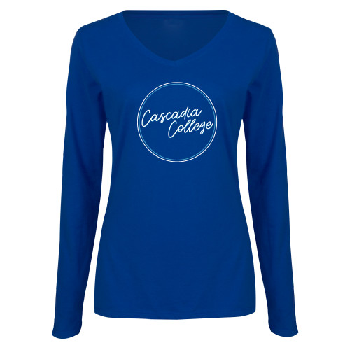  Womens Royal Long Sleeve V Neck Tee  - Cascadia College Script Circle Design