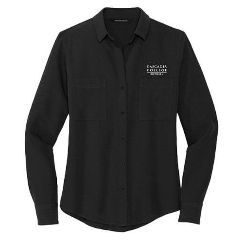  Mercer + Mettle Womens Black Crepe Long Sleeve Camp Blouse - Cascadia College Bothell  EMB