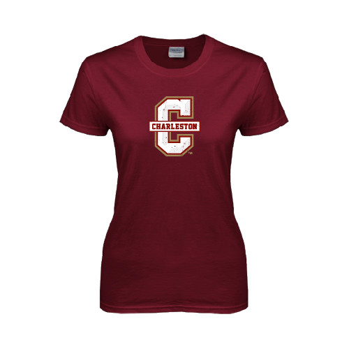  Womens Maroon Short Sleeve Tee - Official Logo - C Charleston Distressed