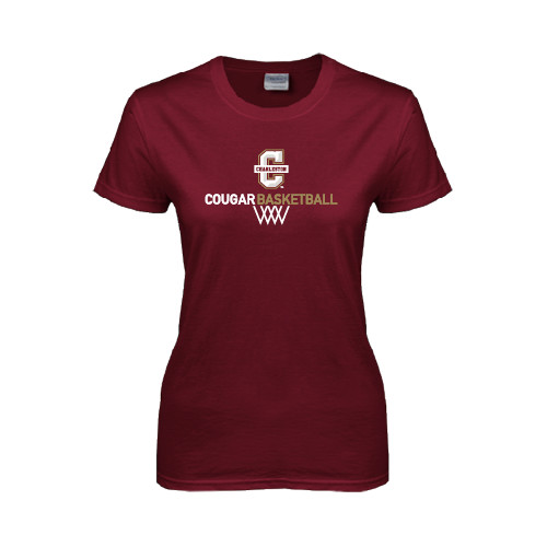  Womens Maroon Short Sleeve Tee - Basketball Net Design