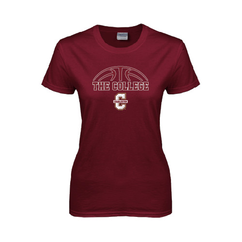  Womens Maroon Short Sleeve Tee - Basketball Ball Design