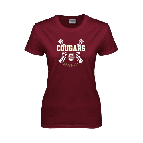  Womens Maroon Short Sleeve Tee - Baseball Ball Design