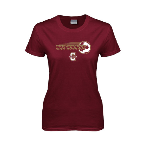  Womens Maroon Short Sleeve Tee - Soccer Ball Design