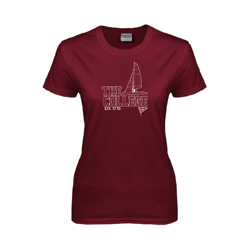  Womens Maroon Short Sleeve Tee - Sail Boat Design