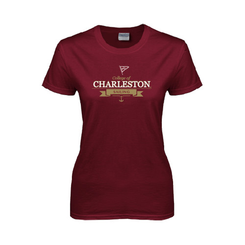  Womens Maroon Short Sleeve Tee - Sailing Anchor Design