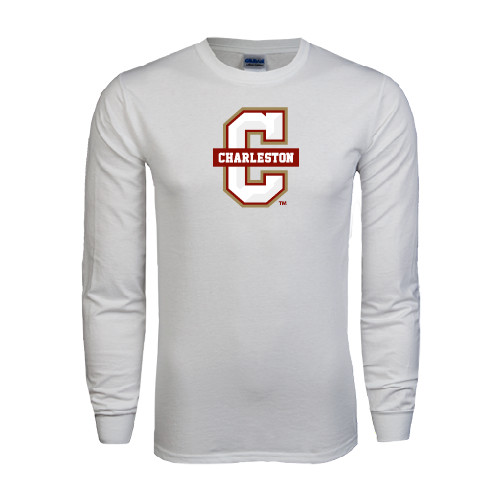 White Long Sleeve T Shirt - Official Logo - C Charleston