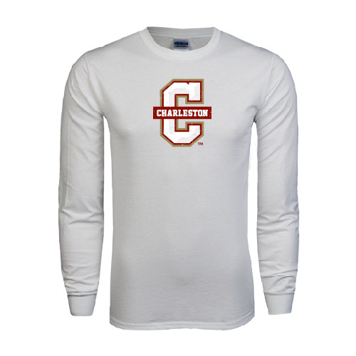 White Long Sleeve T Shirt - Official Logo - C Charleston Distressed