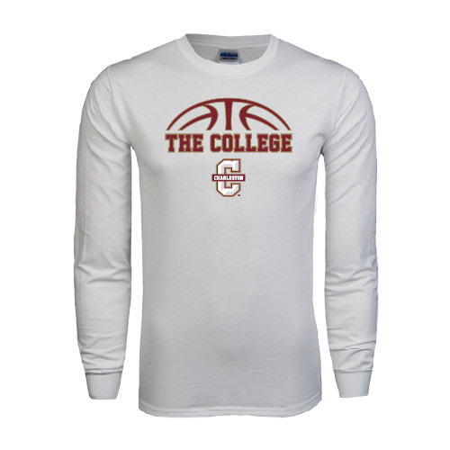  White Long Sleeve T Shirt - Basketball Ball Design