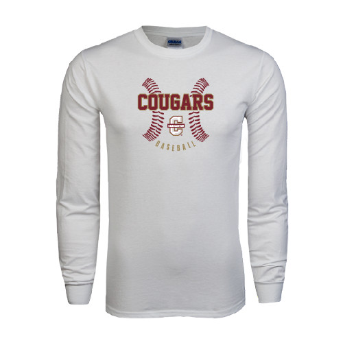  White Long Sleeve T Shirt - Baseball Ball Design