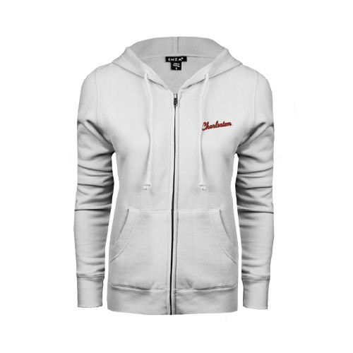  ENZA Womens White Fleece Full Zip Hoodie - Charleston Script