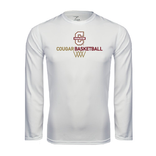  White Performance Long Sleeve Shirt - Basketball Net Design