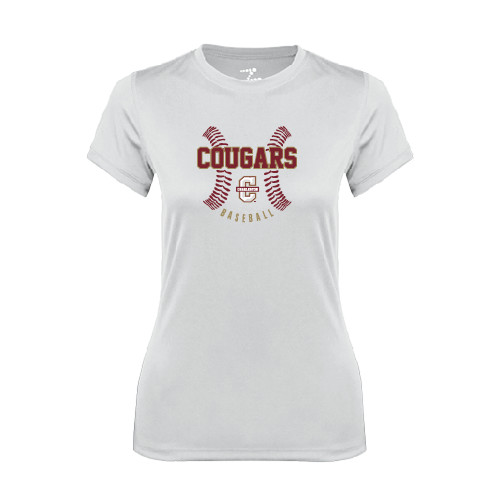  Womens White Performance Tee - Baseball Ball Design
