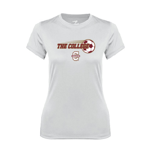  Womens White Performance Tee - Soccer Ball Design