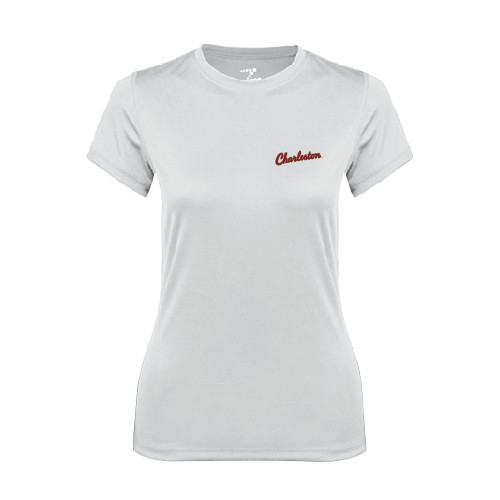  Womens White Performance Tee - Charleston Script
