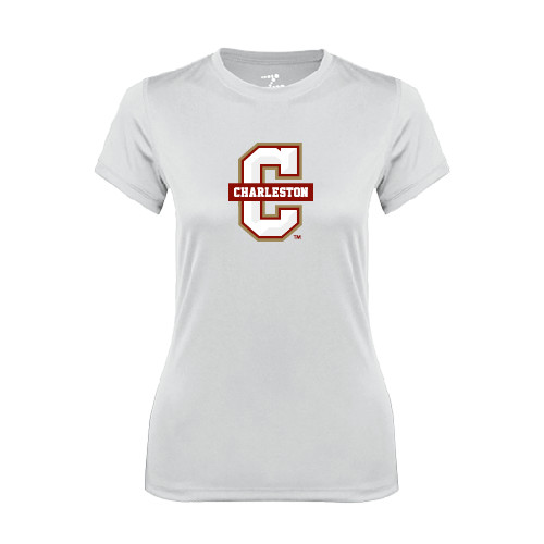  Womens White Performance Tee - Official Logo - C Charleston