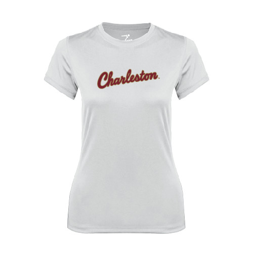  Womens White Performance Tee - Charleston Script