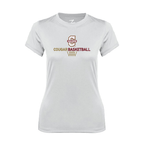  Womens White Performance Tee - Basketball Net Design