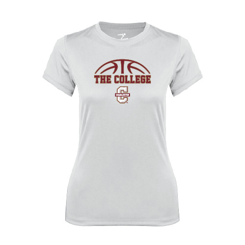  Womens White Performance Tee - Basketball Ball Design