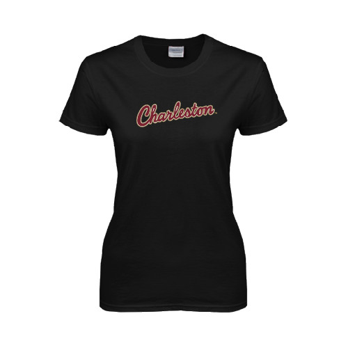  Womens Black Short Sleeve Tee - Charleston Script