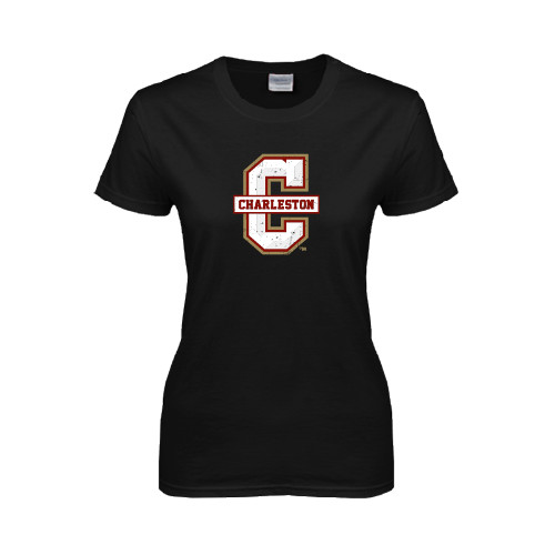  Womens Black Short Sleeve Tee - Official Logo - C Charleston Distressed