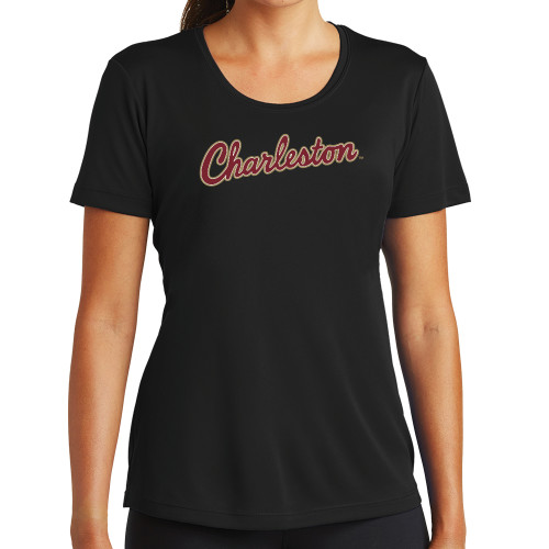  Womens Black Performance Tee - Charleston Script