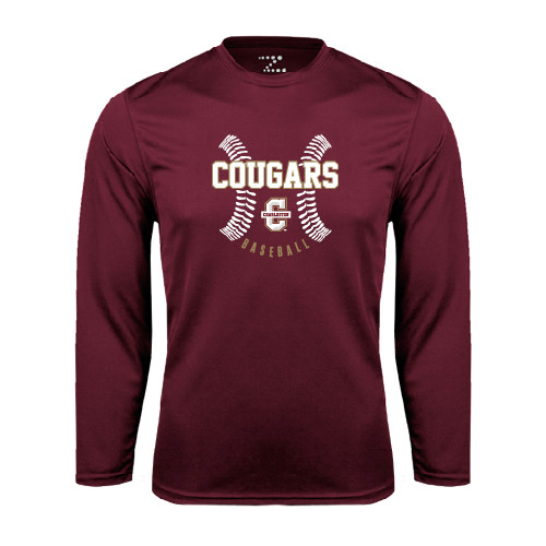  Maroon Performance Long Sleeve Shirt - Baseball Ball Design