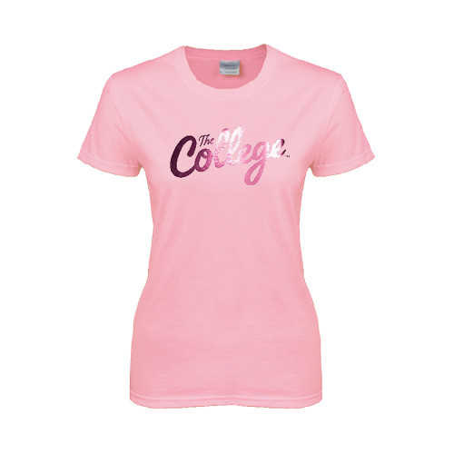  Womens Pink Short Sleeve Tee - The College Script Foil