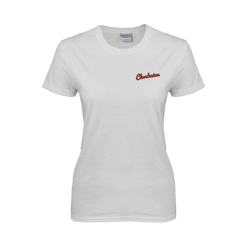  Womens White Short Sleeve Tee - Charleston Script
