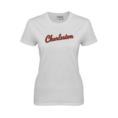  Womens White Short Sleeve Tee - Charleston Script