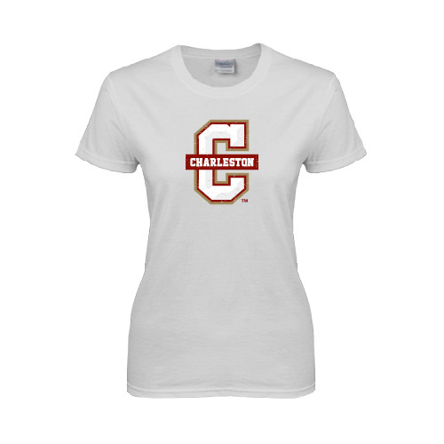  Womens White Short Sleeve Tee - Official Logo - C Charleston Distressed