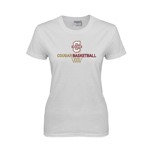  Womens White Short Sleeve Tee - Basketball Net Design