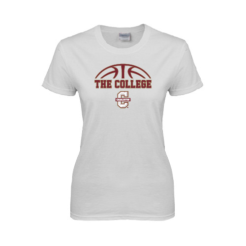  Womens White Short Sleeve Tee - Basketball Ball Design