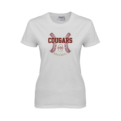  Womens White Short Sleeve Tee - Baseball Ball Design