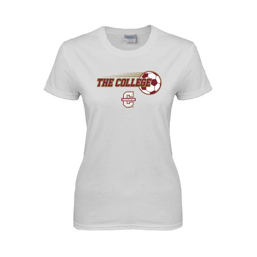  Womens White Short Sleeve Tee - Soccer Ball Design