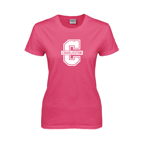  Womens Hot Pink Short Sleeve Tee - Official Logo - C Charleston