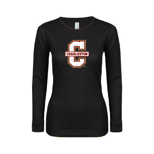  Womens Black Long Sleeve V Neck Tee  - Official Logo - C Charleston