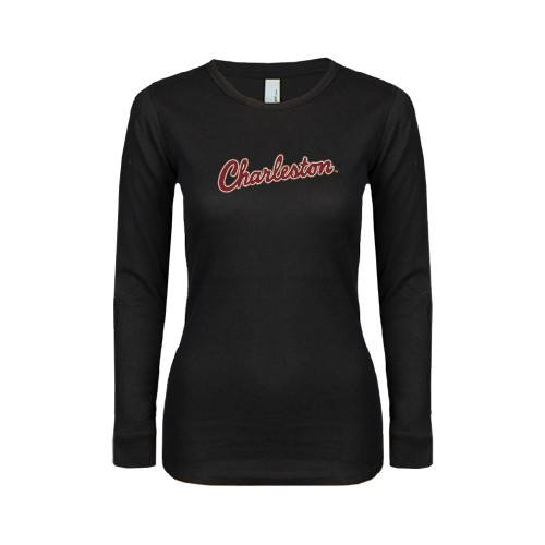  Womens Black Long Sleeve V Neck Tee  - Charleston Script