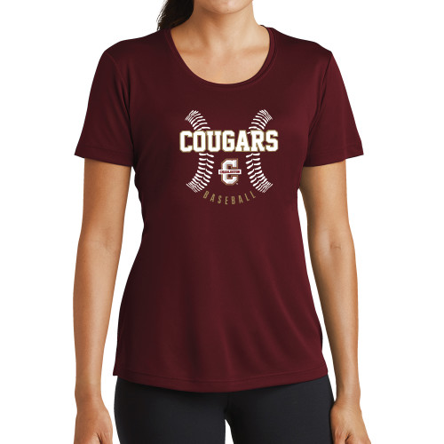  Womens Maroon Performance Short Sleeve Tee - Baseball Ball Design
