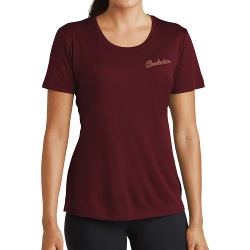  Womens Maroon Performance Short Sleeve Tee - Charleston Script
